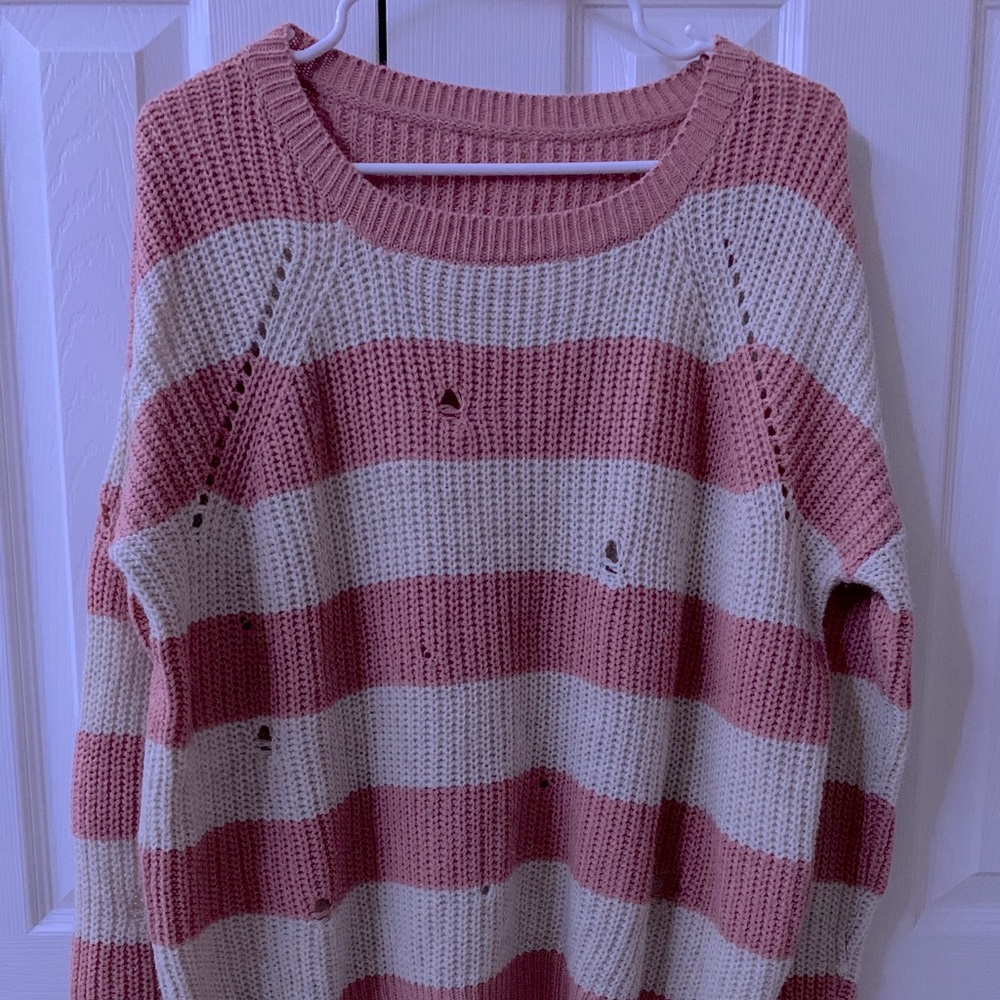Salmon and Cream Knit Distressed Sweater